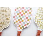 Decorative Play Nice White Pickle Ball Paddle with fun designs and stylish brown handle