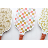 Decorative Play Nice White Pickle Ball Paddle with fun designs and stylish brown handle