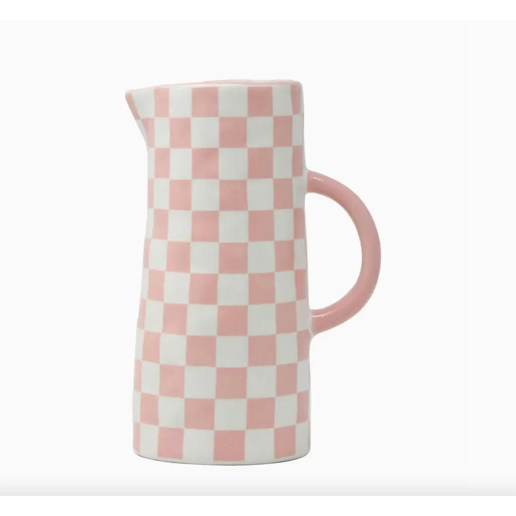 Pink and white checkered pitcher for a chic touch in stylish women’s clothes decor