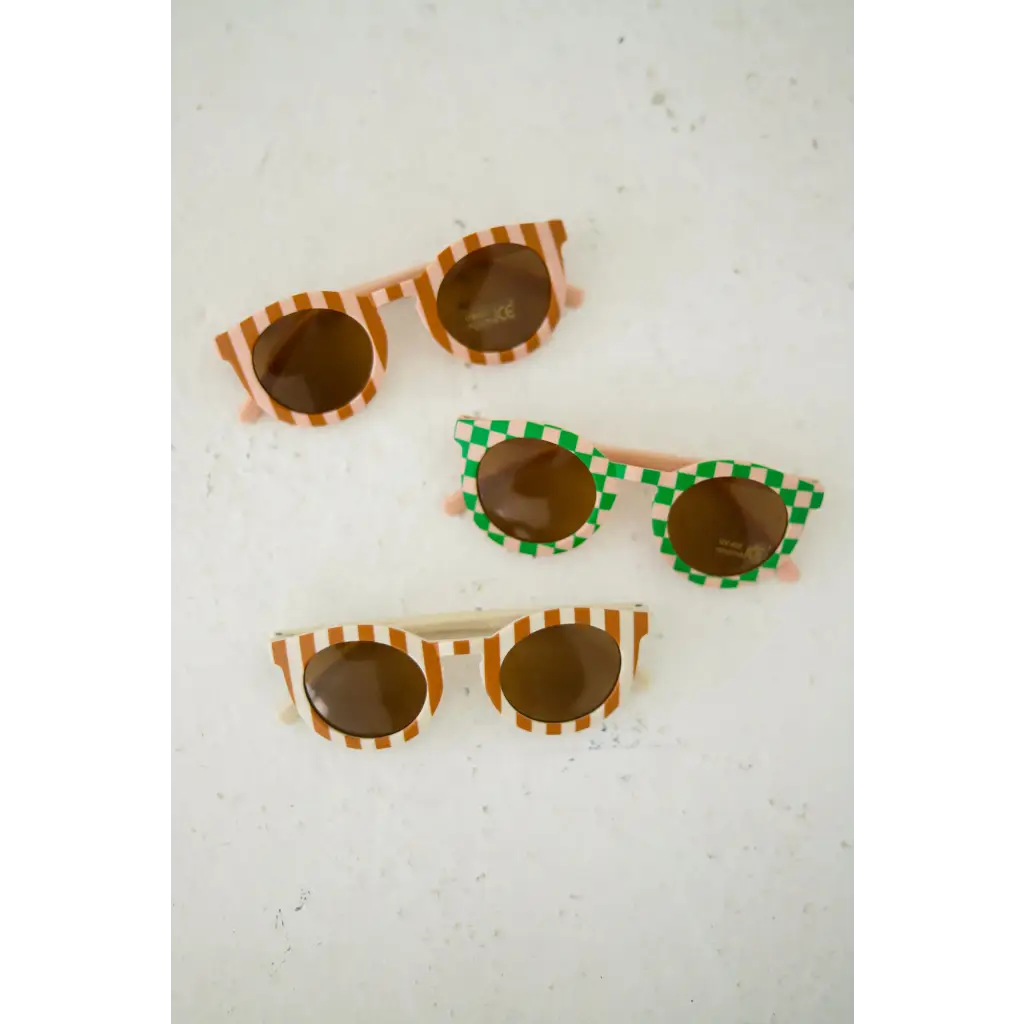 Three pairs of orange and green checkered baby kids sunnies for your little one’s style