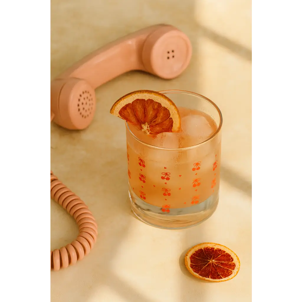 Cherries Cocktail Glass with pink iced drink, dried orange, perfect for Peace Signs Camp