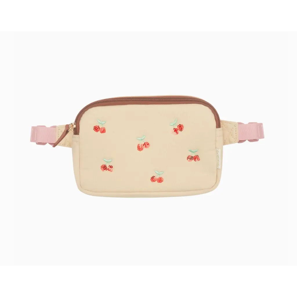 Beige Cherry-Licous Kids Bum Bag with embroidered cherries and pink straps, stylish and fun