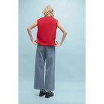 Stylish womens clothes with red sleeveless top and gray wide-leg pants for moms