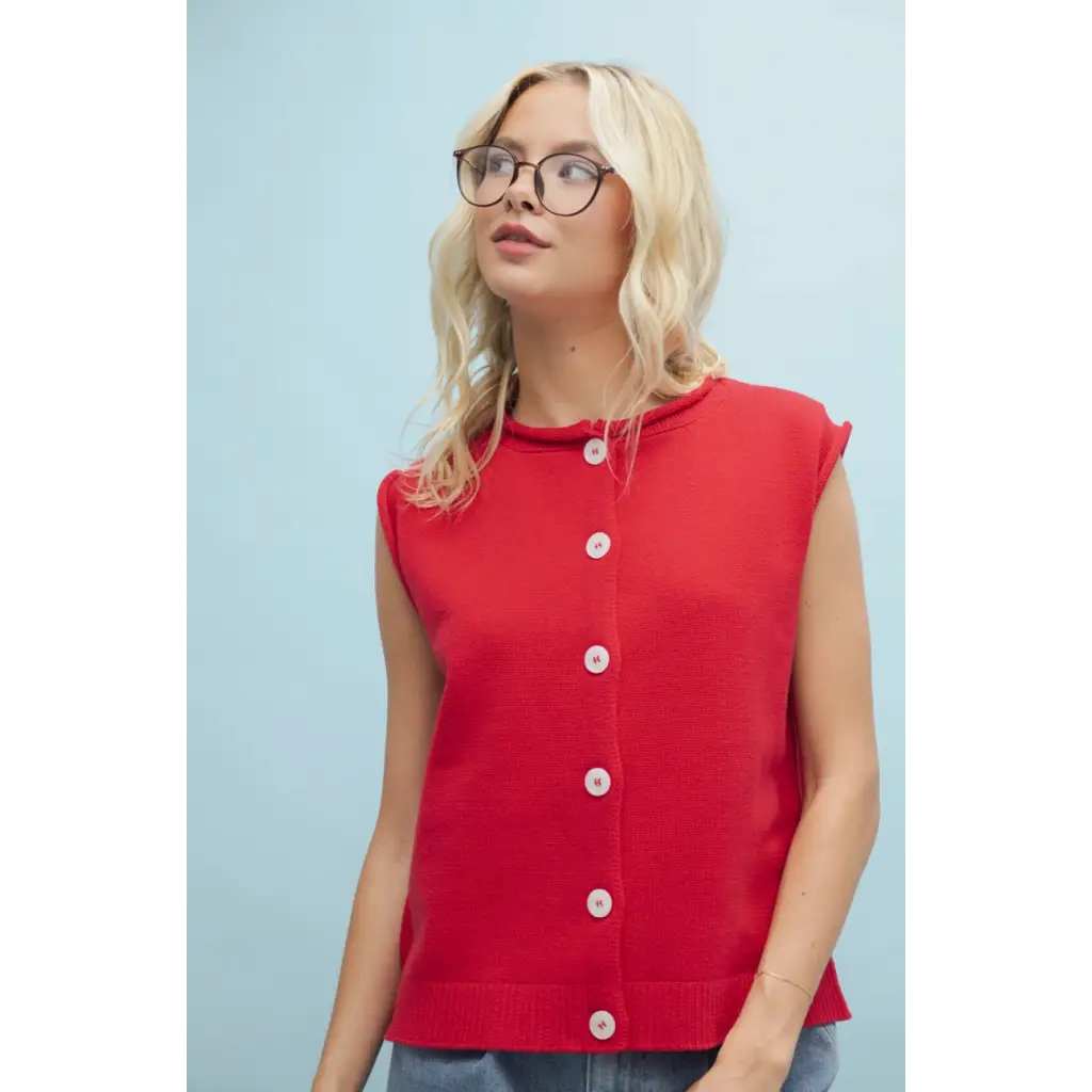Red sleeveless button-down top from Cherry Red Sweater Vest, perfect for stylish womens clothes