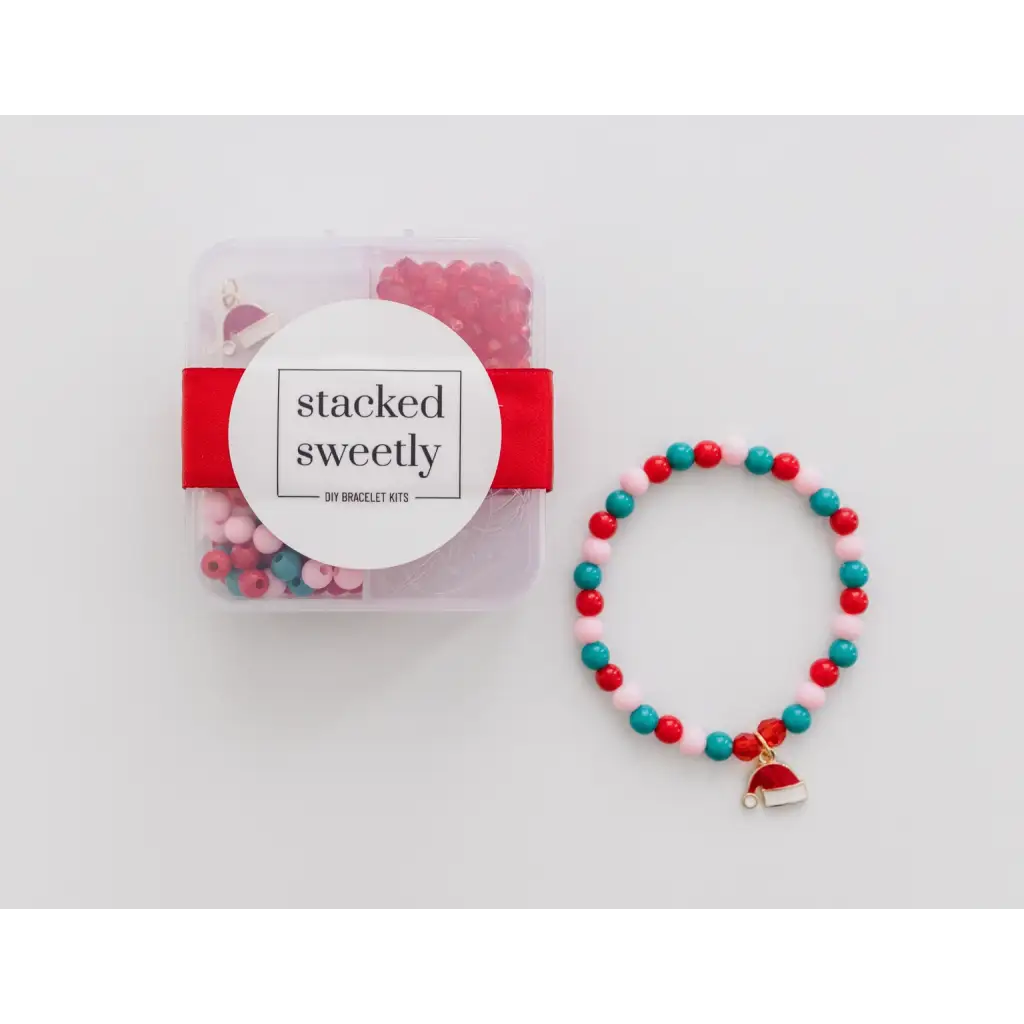 Beaded Christmas bracelet kit with red and turquoise beads, perfect for a stocking stuffer