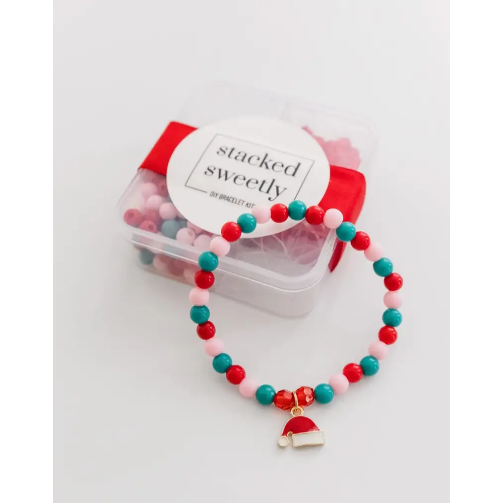 Beaded Christmas bracelet with turquoise and red beads, perfect stocking stuffer gift