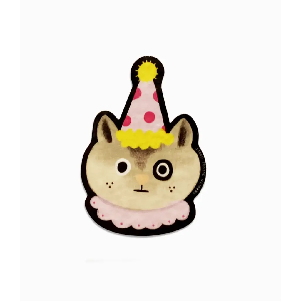 Cartoon cat in pink party hat and collar for Clown Cat Die Cut Sticker, perfect for polished prints