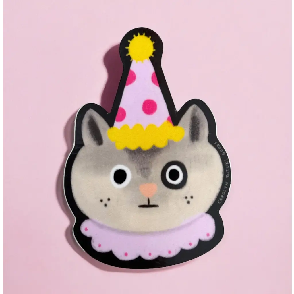 Cute cartoon cat in a party hat, perfect for stylish women’s clothes and polished prints