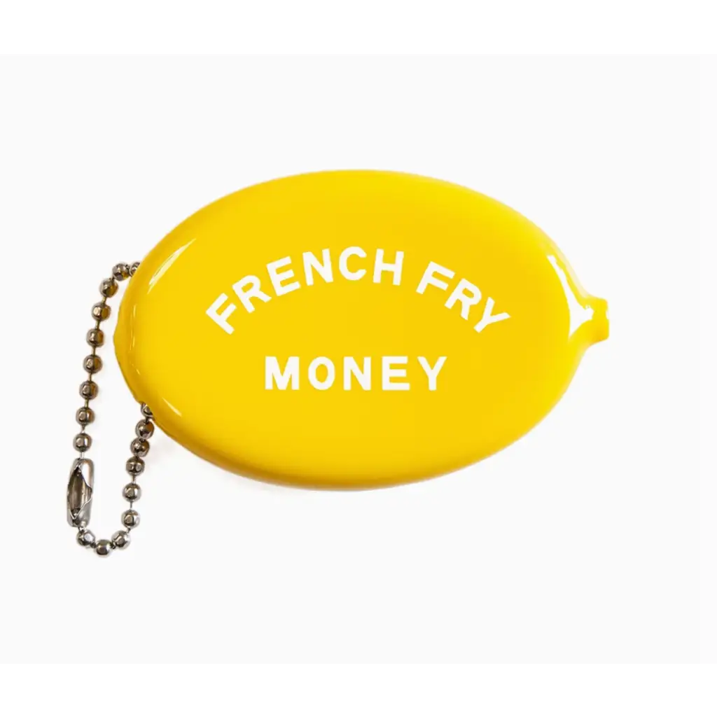 Yellow oval coin purse with chain featuring fun French Fry Money text