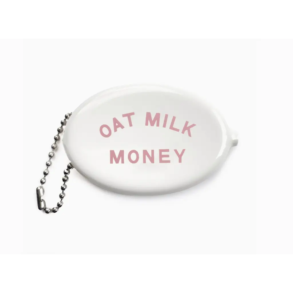 White oval coin purse with pink Oat Milk Money text and a metal ball chain