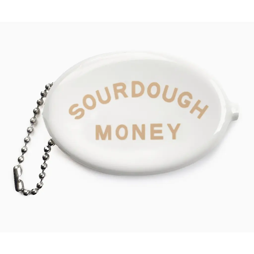 White coin purse with ball chain for storing Sourdough Money in style