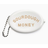 White coin purse with ball chain for storing Sourdough Money in style