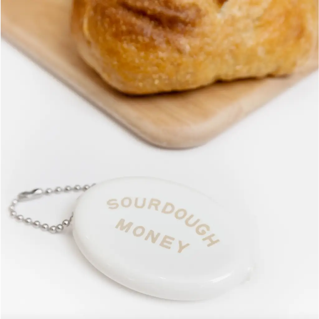 White coin purse with a chain from the Sourdough Money collection, perfect for polished prints