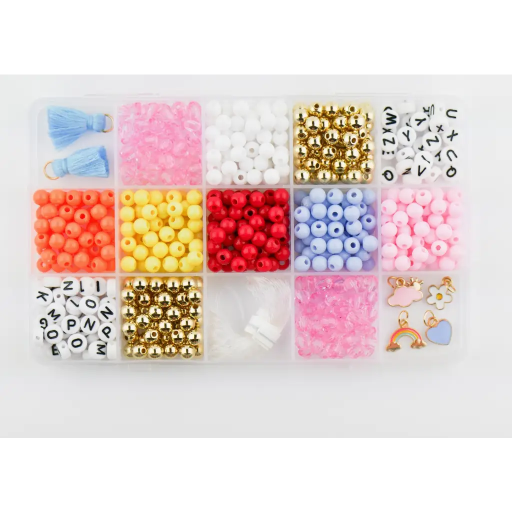 Colorful beads in a plastic organizer for the Color my World Bracelet Craft Kit
