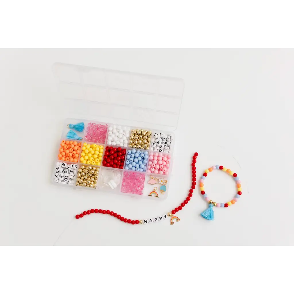 Colorful bead organizer box with finished stretchy bracelet and necklace from Color My World Bracelet Craft Kit