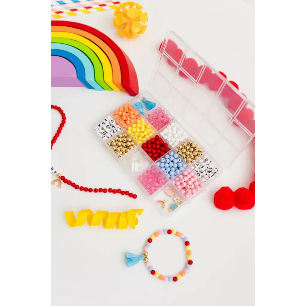 Colorful craft supplies for the Color My World Bracelet Craft Kit for stretchy bracelets