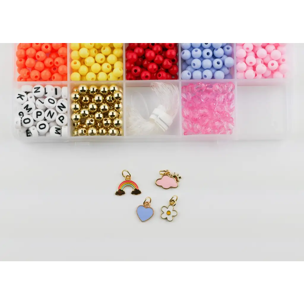 Colorful beads and charms in a Plastic bead organizer for the Color my World Bracelet Craft Kit