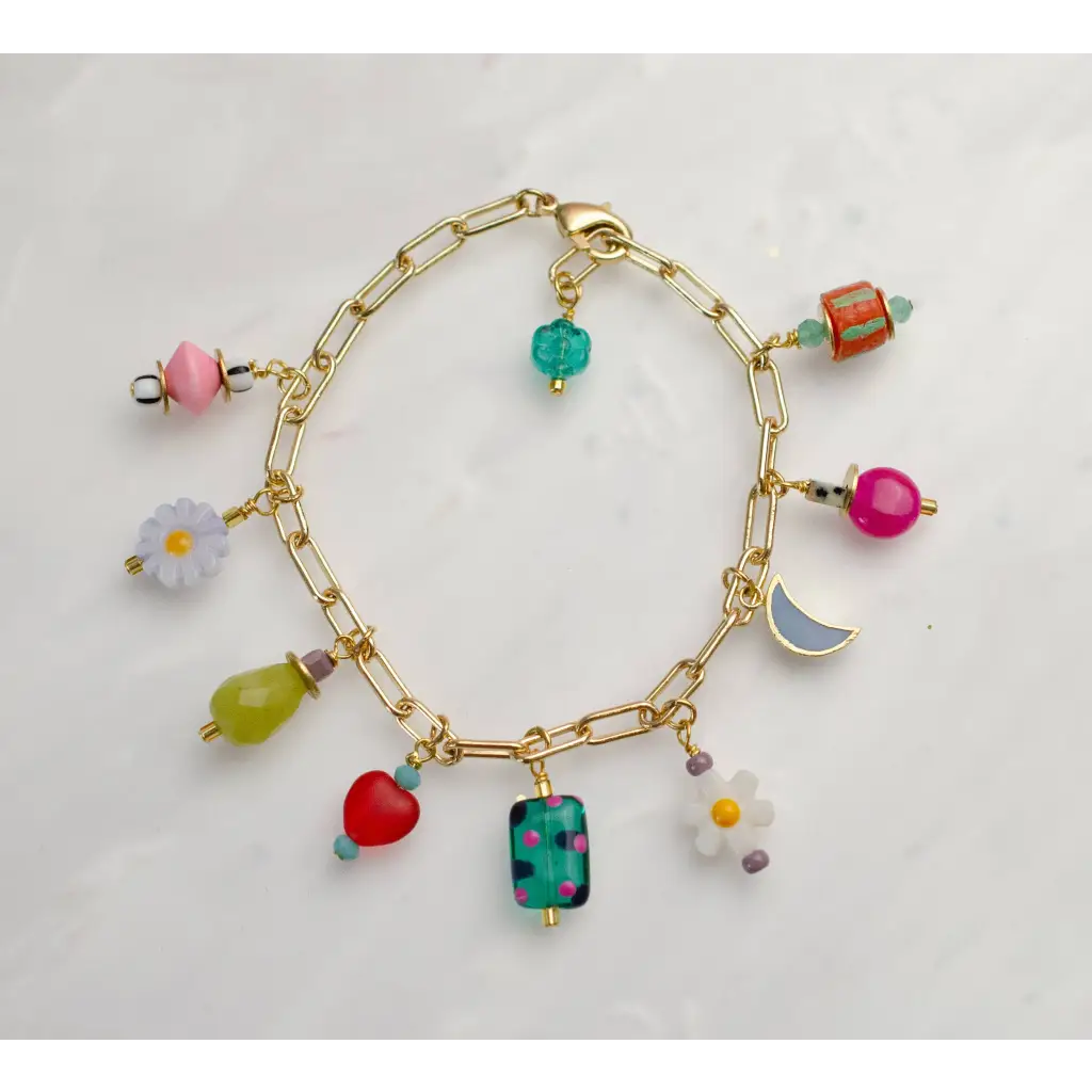 Colorful flower charm bracelet with vibrant whimsical charms