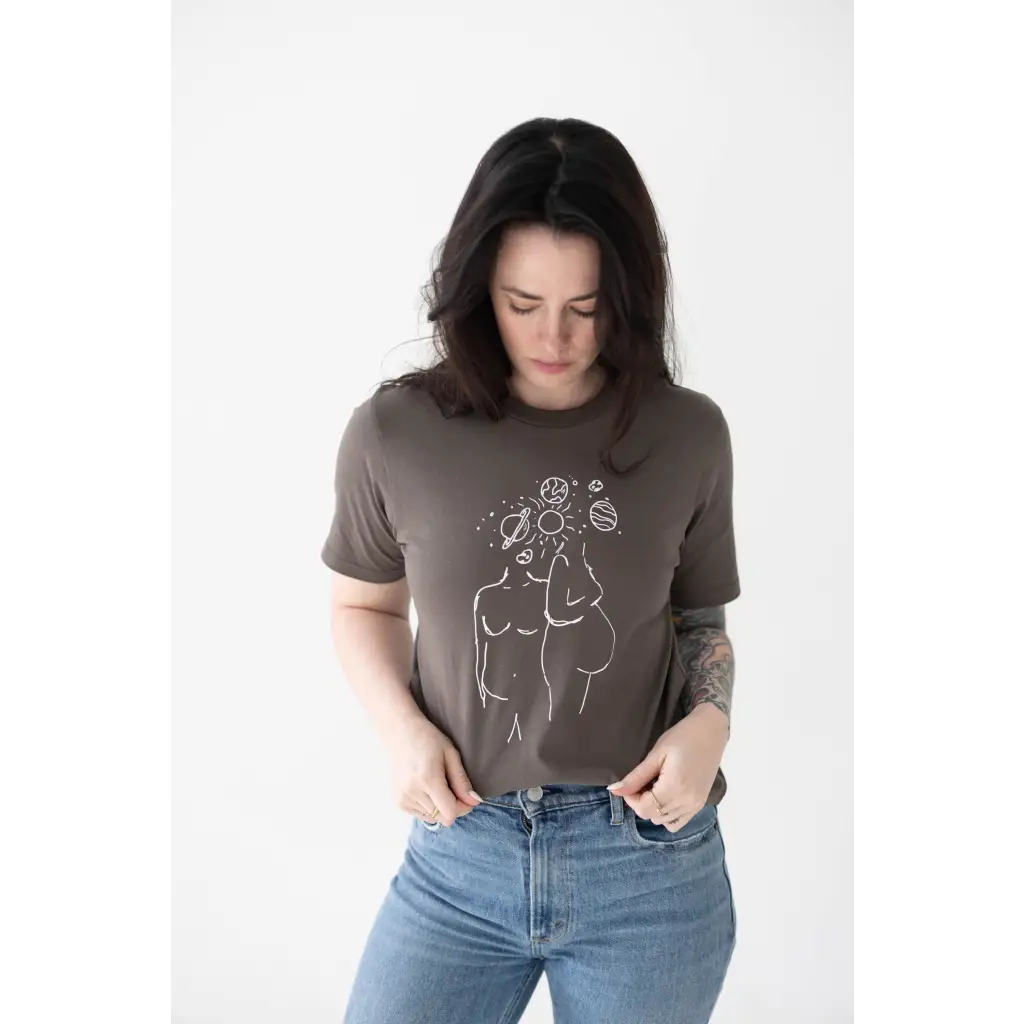 Brown graphic tee with minimalist female line art and flowers, free shipping included