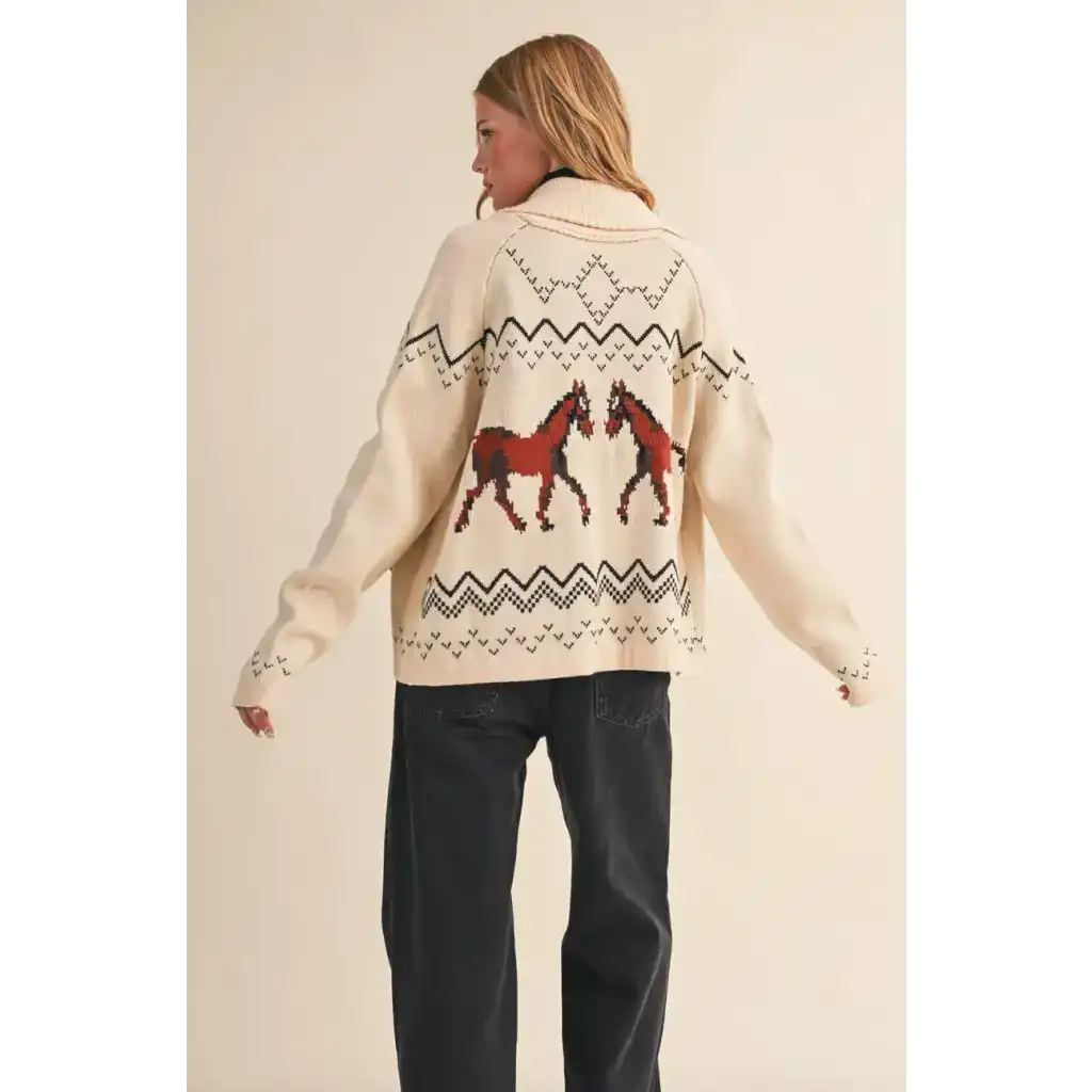 Cream-colored Holly Horse Knit Sweater Cardigan with red horse motifs and black geometric designs