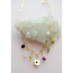 Dainty flower beaded charm necklace with gold celestial moon star beads