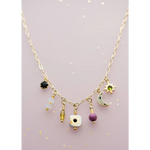 Dainty flower beaded charm necklace in gold with celestial motifs
