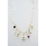 Dainty flower beaded charm necklace with gold chain, black gem, moon, star