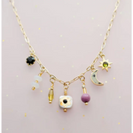 Dainty gold flower beaded charm necklace with celestial gems