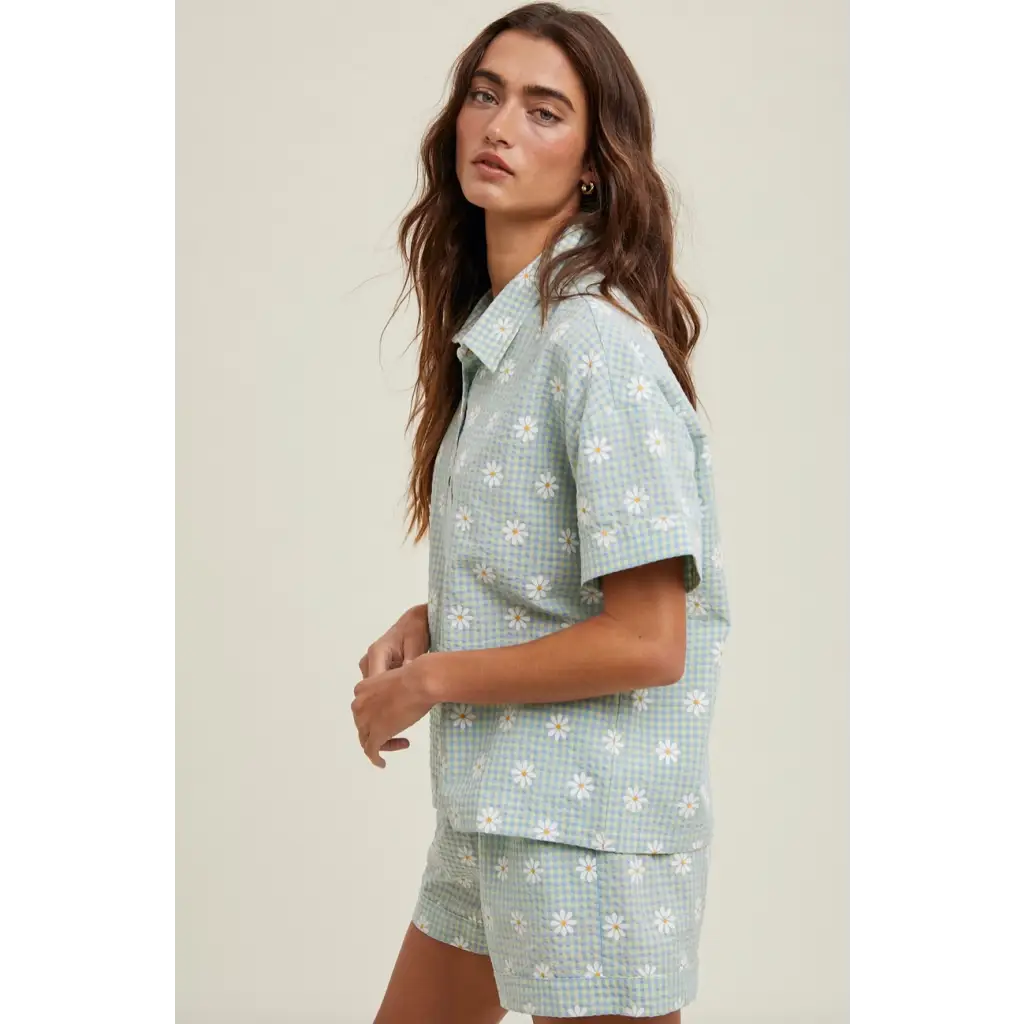 Daisy Days floral plaid shirt and shorts set with daisy-patterned short pajamas