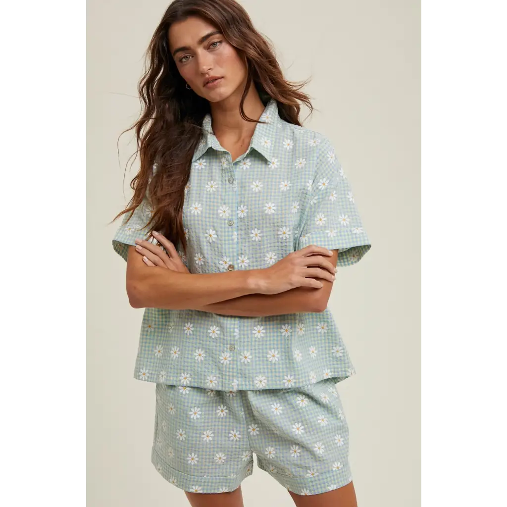 Daisy Days floral plaid shirt and shorts set with daisy-patterned short pajama set