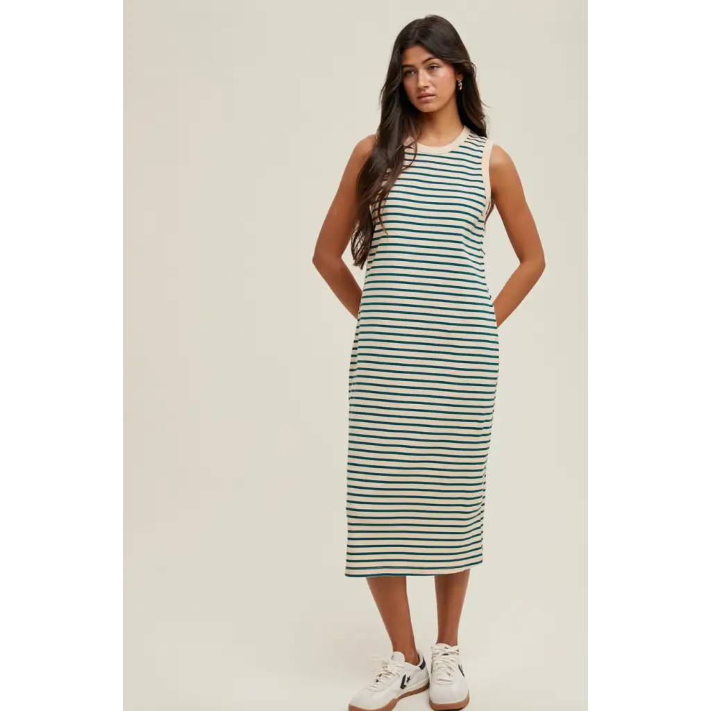 Dallas Striped Midi Ribbed Knit Dress showcasing stylish womens clothes and polished prints