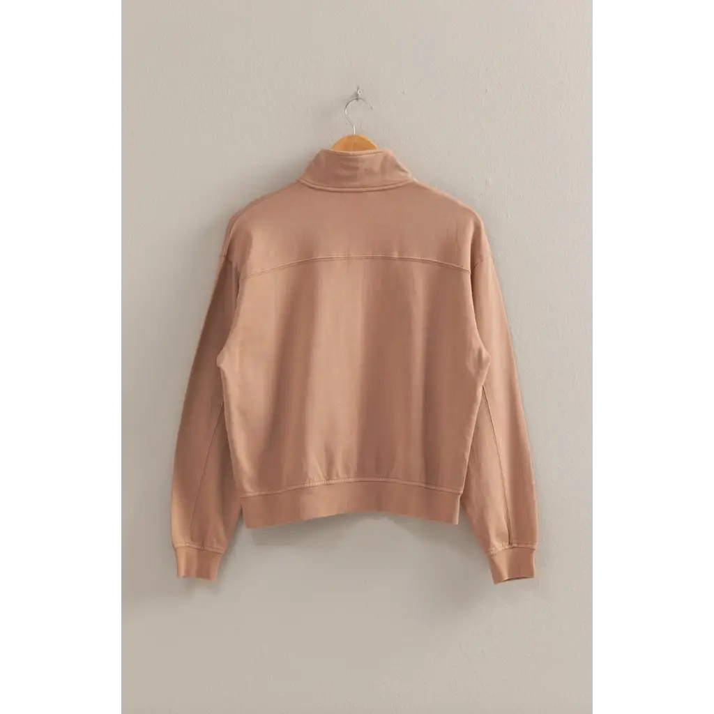 Peach-colored Danica Half Zip Long Sleeve Sweatshirt, perfect for stylish moms on the go