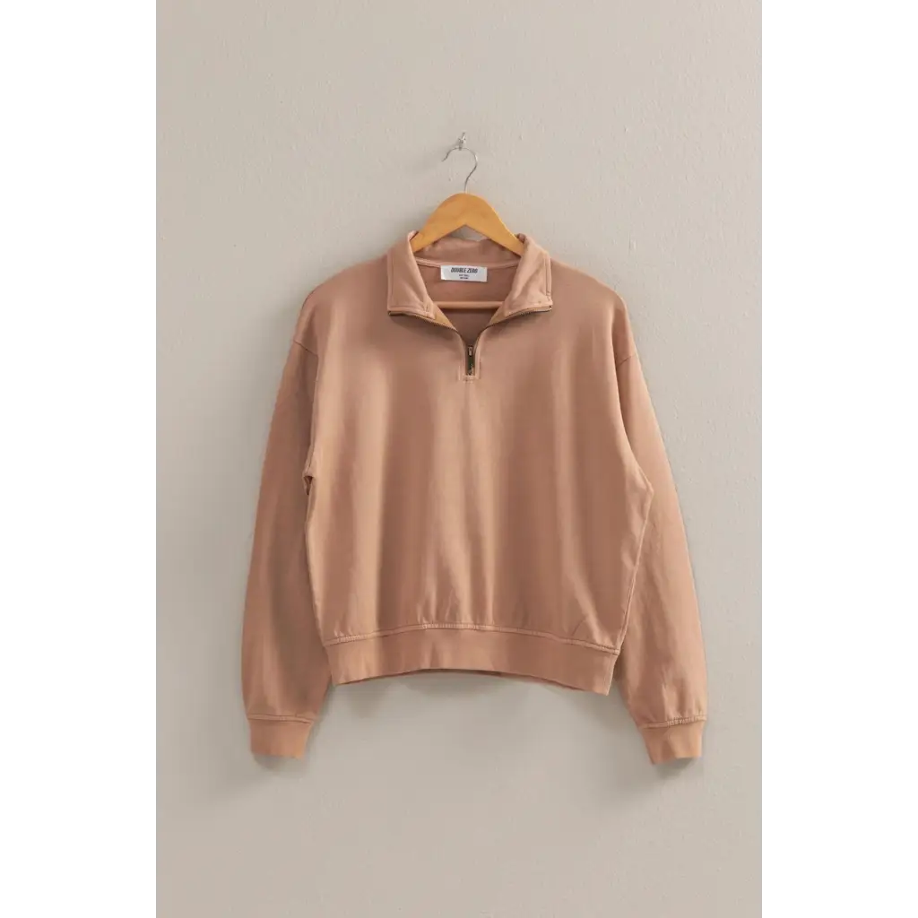 Tan quarter-zip sweatshirt from Danica, perfect stylish clothes for moms