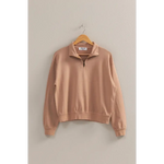 Tan quarter-zip sweatshirt from Danica, perfect stylish clothes for moms