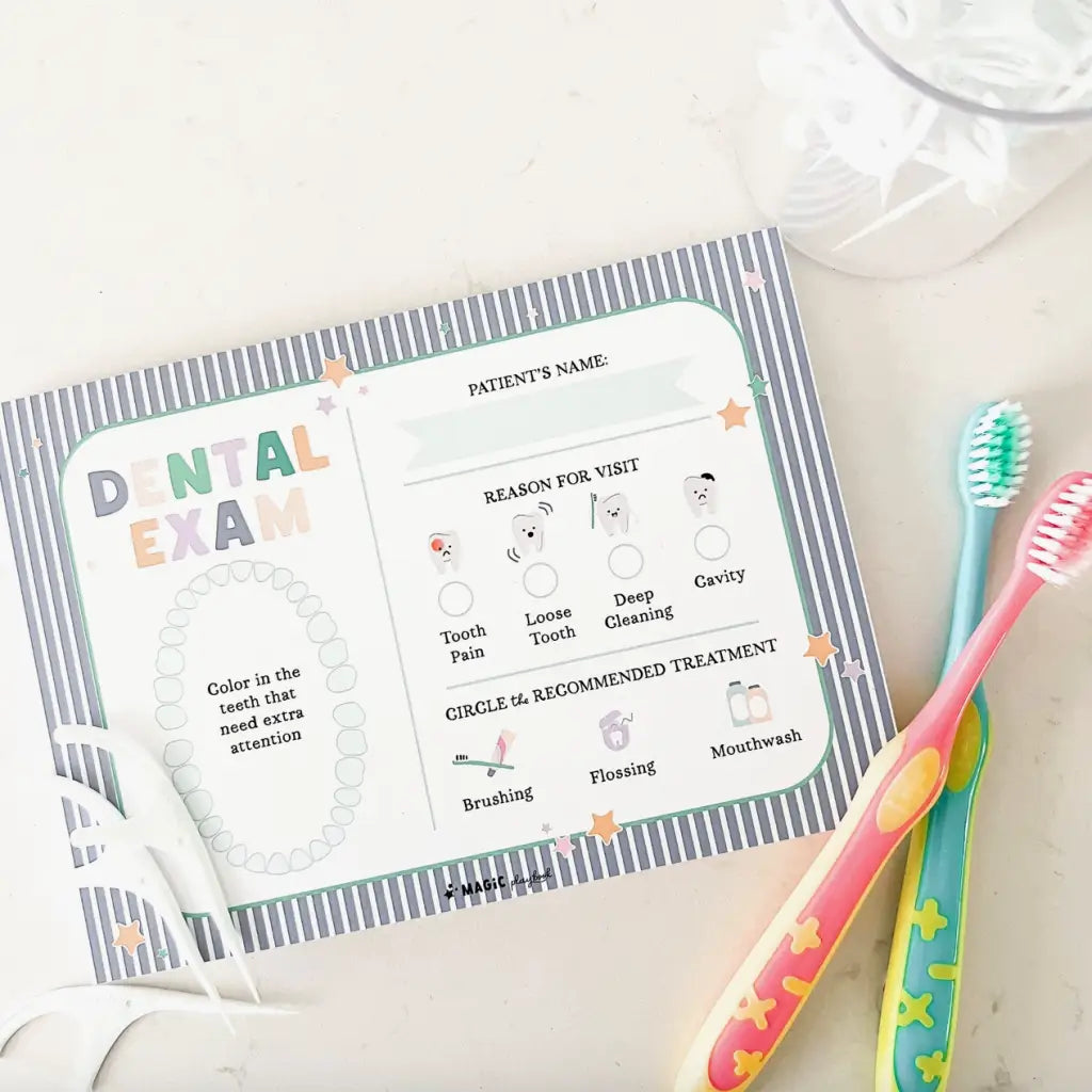 Colorful Dental Exam Form with Toothbrushes in a Pastel Dentist Pretend Play Notepad