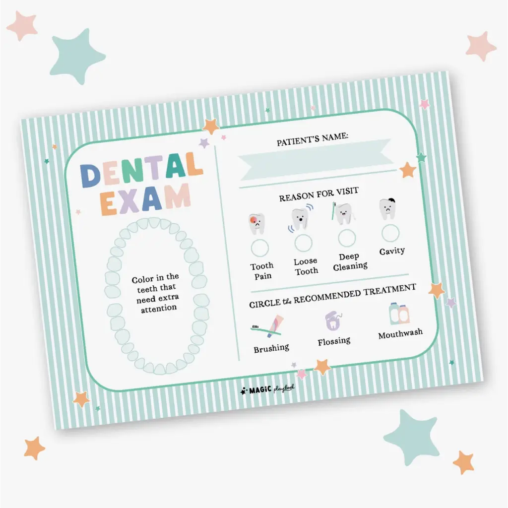 Dental exam form with cute illustrations on a Dentist Pretend Play Notepad