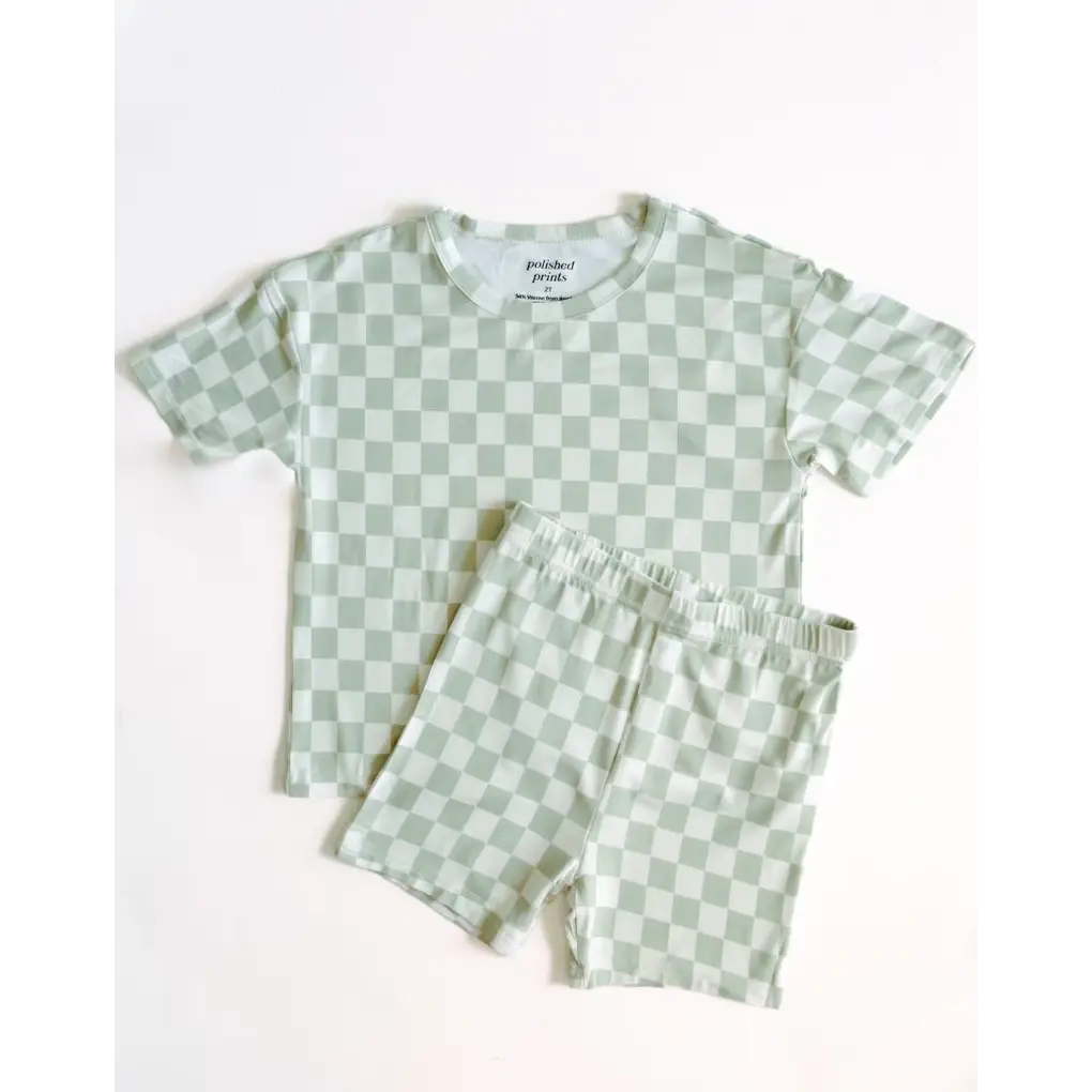 Mint green Sage Checkerboard short set for kids with a trendy checkered design