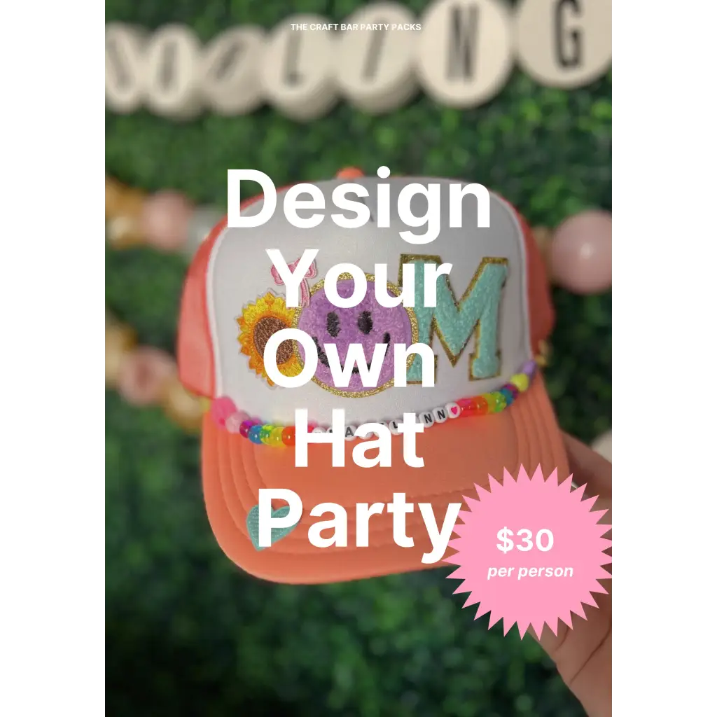Custom peach trucker hat with smiley face sunflower and rainbow beads at craft bar