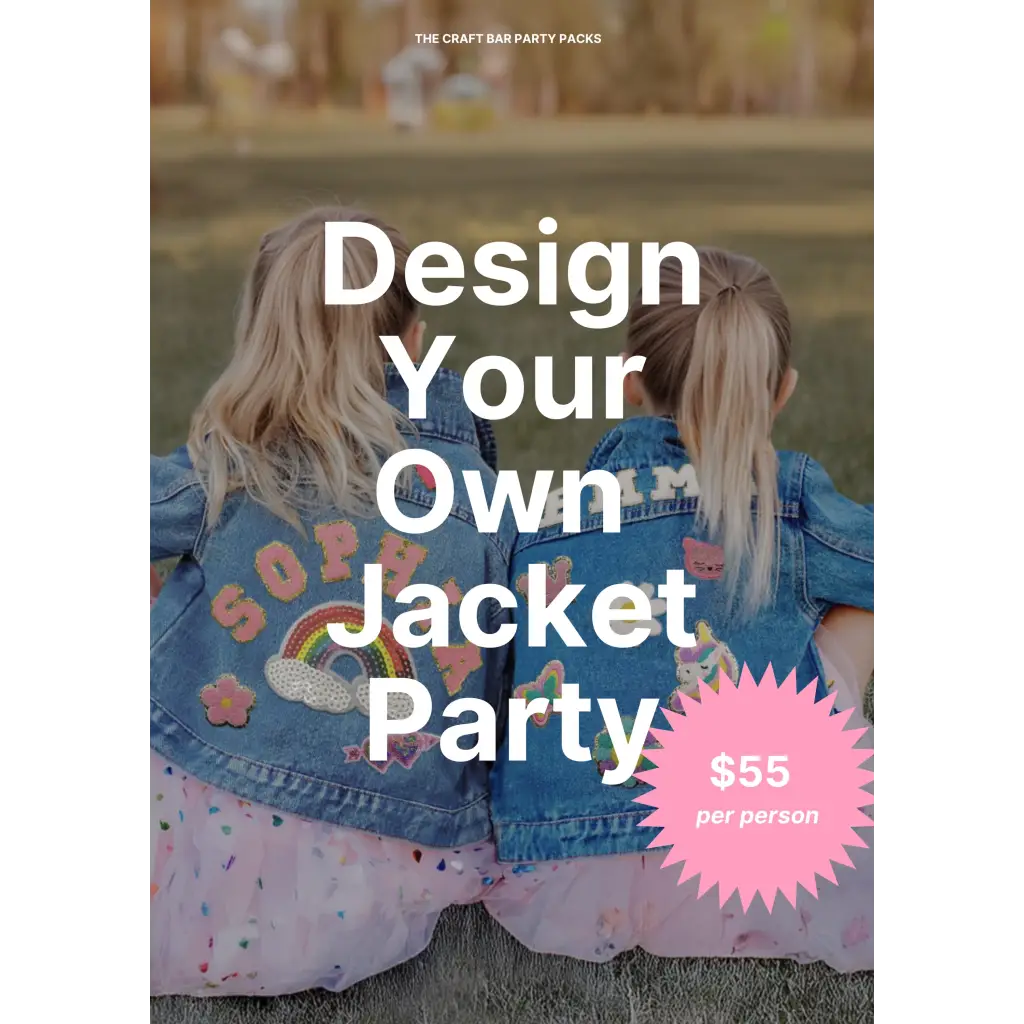 Two young girls showing off custom-decorated jean jackets at the Design Your Own Jean Jacket Party Package craft bar