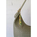 Sage green Diana Woven Bag XL with vegan leather, colorful beaded charm, two interior pockets