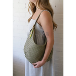 Diana Woven Bag XL in sage green vegan leather with two interior pockets and beaded charm