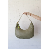 Olive green woven leather Diana Woven Bag XL with colorful beaded tassel and two interior pockets