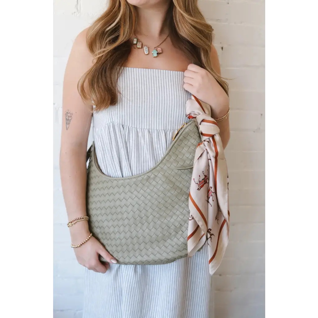 Light green Diana Woven Bag XL with vegan leather, crescent shape, silk scarf, two interior pockets