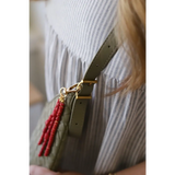 Diana Woven Bag XL in vegan leather with adjustable strap, red beaded tassel, two interior pockets
