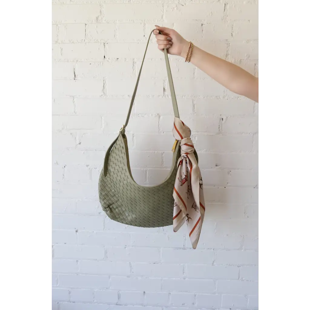 Olive green Diana Woven Bag XL with vegan leather, two interior pockets, and scarf tie