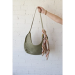 Olive green Diana Woven Bag XL with vegan leather, two interior pockets, and scarf tie