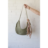 Olive green Diana Woven Bag XL with vegan leather, two interior pockets, and scarf tie