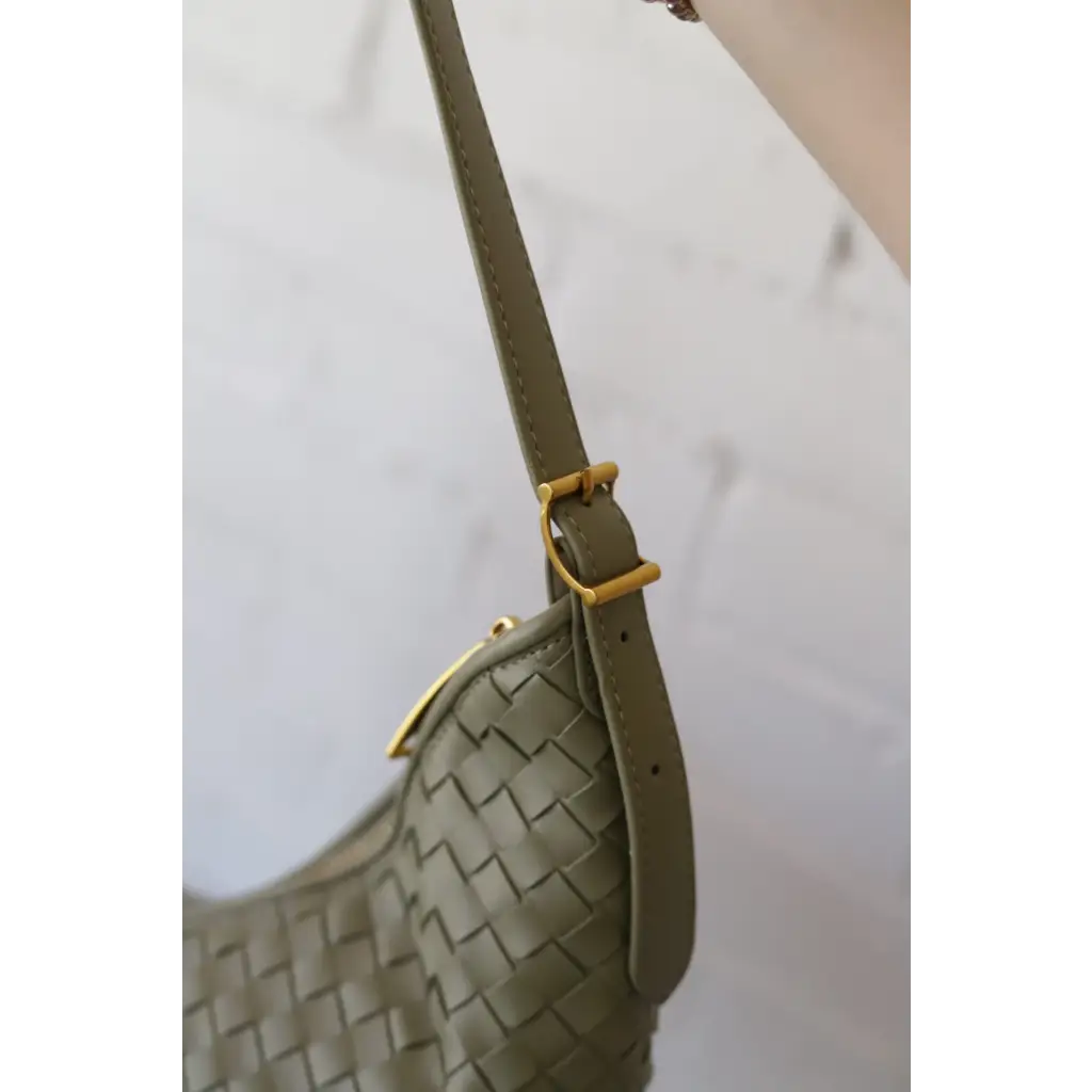 Diana Woven Bag XL in sage green vegan leather with two interior pockets and gold buckle