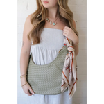 Diana Woven Bag XL in light green vegan leather with two interior pockets and tied scarf