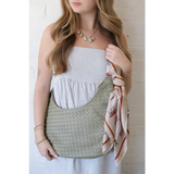 Diana Woven Bag XL in light green vegan leather with two interior pockets and tied scarf